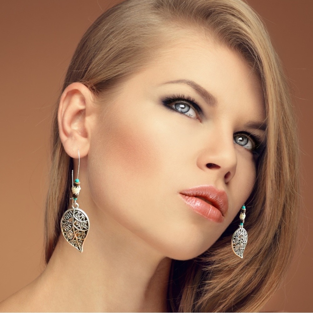 BOGO Filigree Leaf Beaded Dangling Boho Earrings & Turquoise Silver Studs